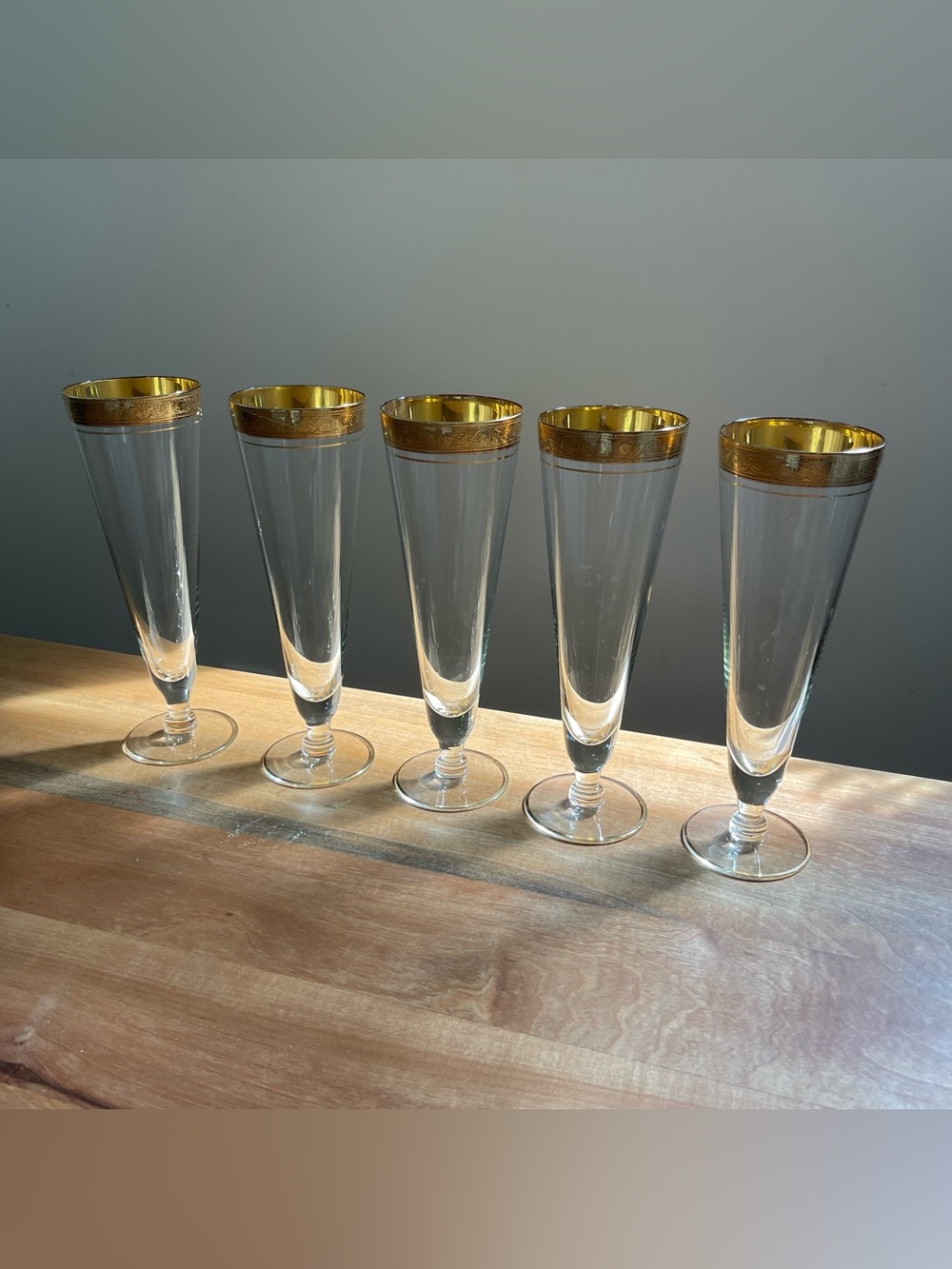 Set FIVE Tiffin Glastonbury Lotus Rambler Rose 35 Gold Non Optic Pilsner Glasses